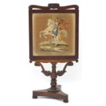 Victorian rosewood fire screen, with tapestry panel depicting a figure on a rearing horse, 119cm