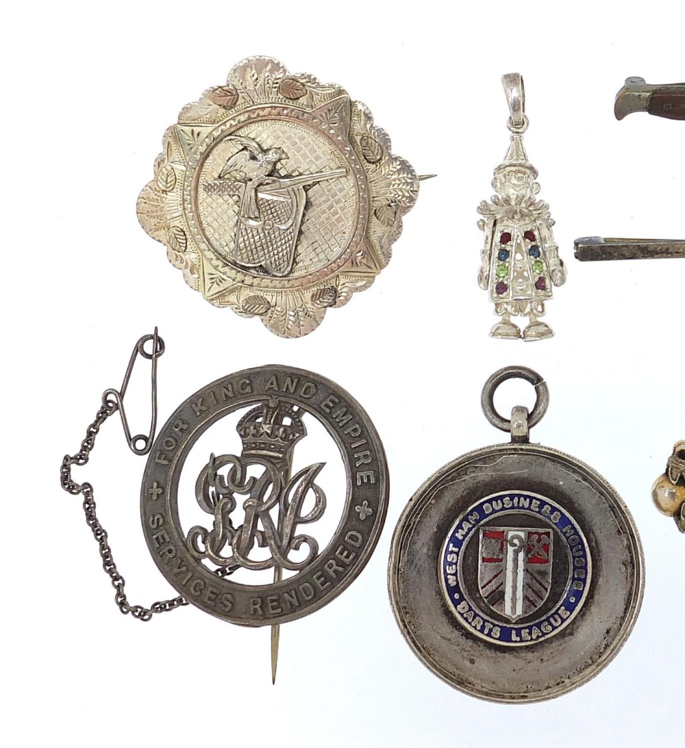Brooches, badges and charms, some silver including The Queen's Regiment, Bayonet brooch, Victorian - Image 2 of 6