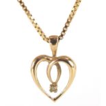 9ct gold diamond love heart pendant on a 9ct gold necklace, 2cm high and 44cm in length, total 3.