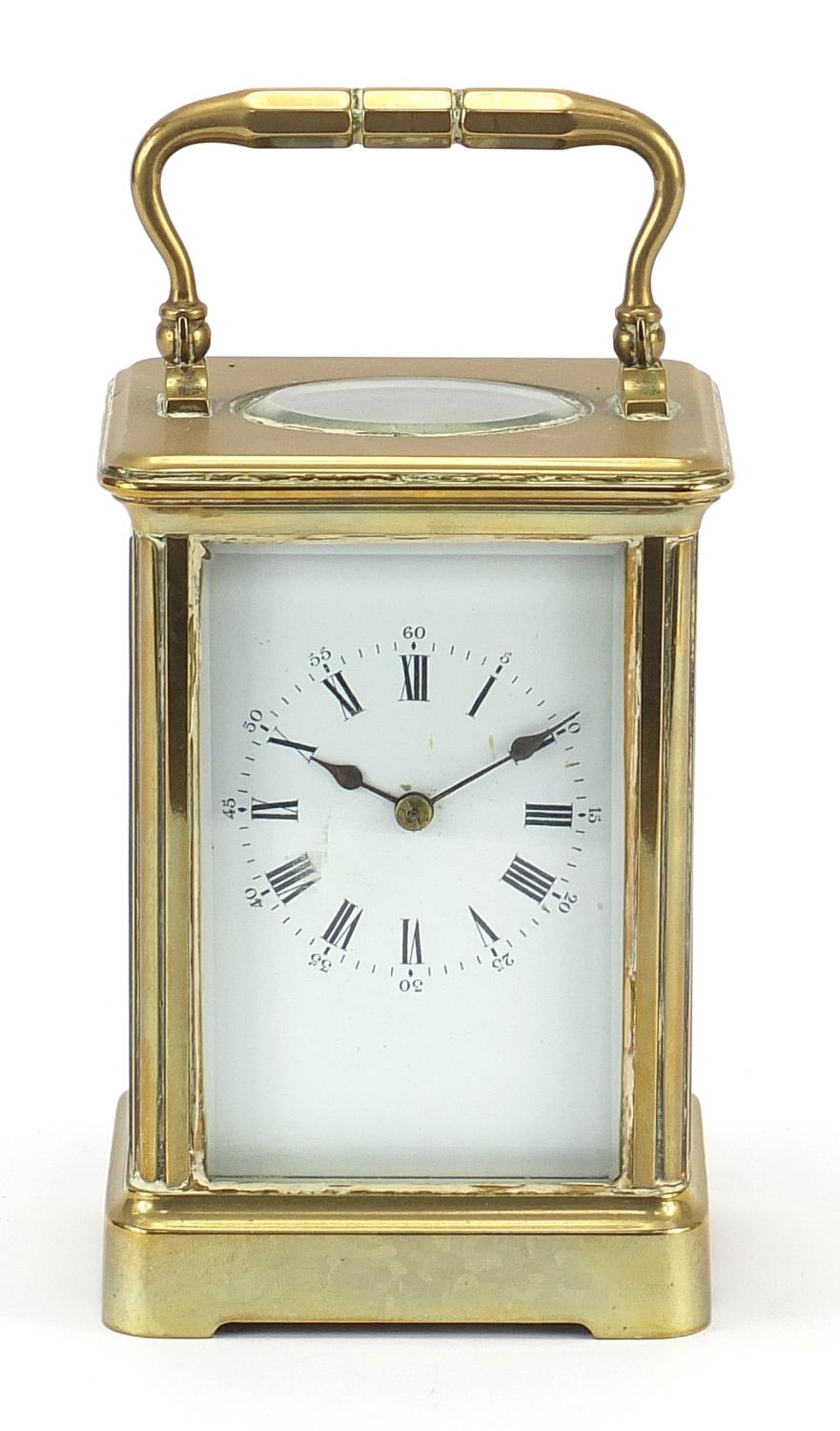 19th century brass cased carriage alarm clock with enamel dial having Roman and Arabic numerals, - Image 2 of 10