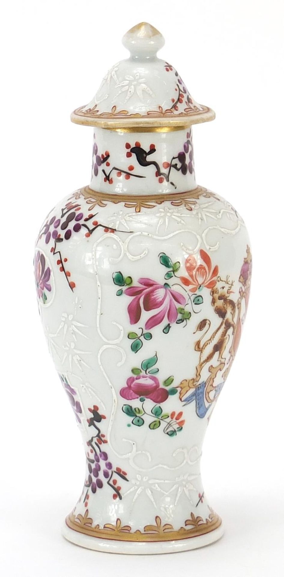 Samson porcelain baluster vase and cover hand painted with flowers and armorial crest, 14.5cm high : - Image 4 of 8