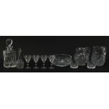 Cut crystal and glassware including decanter with stopper, jugs, tumblers and fruit bowl, the