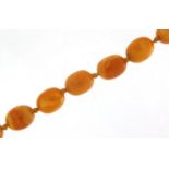 Butterscotch amber coloured bead necklace with 9ct gold clasp, 64cm in length, 40.8g : For Further