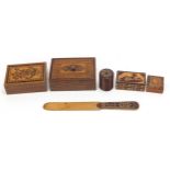 Victorian Tunbridge ware including a rosewood box inlaid with a dog, stamp box with penny red and