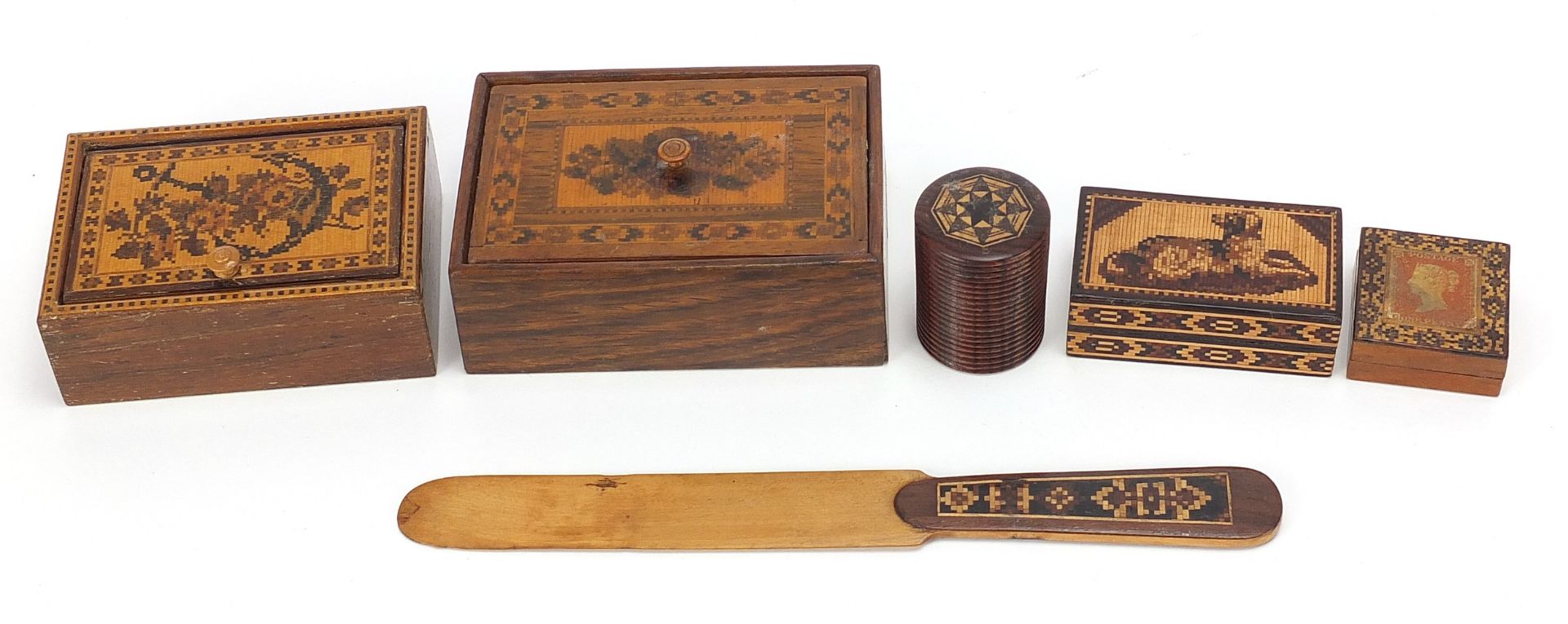 Victorian Tunbridge ware including a rosewood box inlaid with a dog, stamp box with penny red and