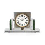 Art Deco chrome and Bakelite eight day desk clock retailed by Asprey of London, 16cm wide : For