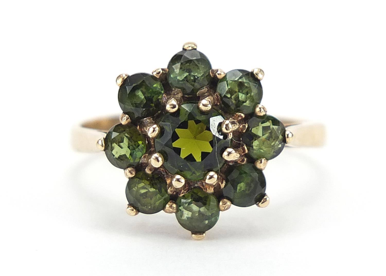 9ct gold green stone cluster ring, size L/M, 2.2g : For Further Condition Reports Please Visit Our