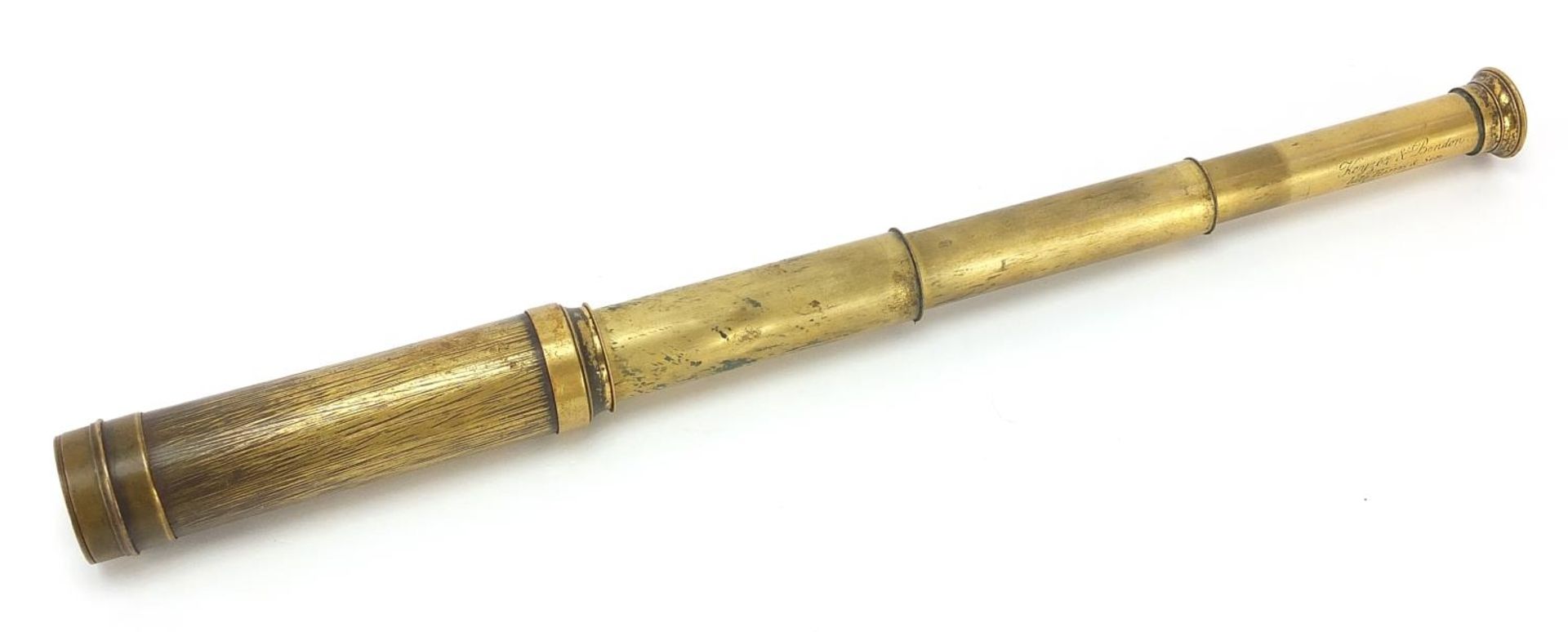 Victorian Keyzor & Bendon three draw brass telescope, 15cm in length when closed : For Further