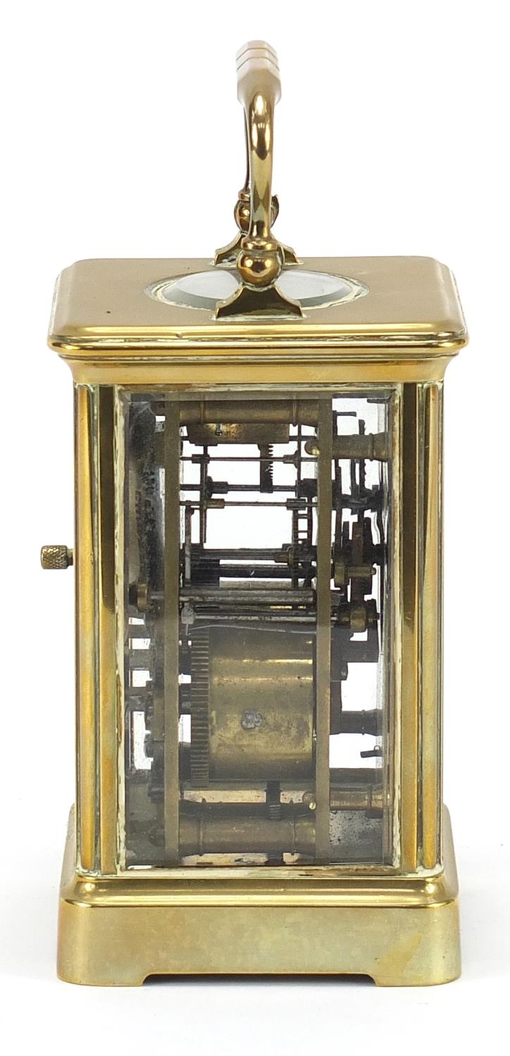 19th century brass cased carriage alarm clock with enamel dial having Roman and Arabic numerals, - Image 7 of 10