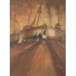Figures before moored boats, oil on canvas, indistinctly signed, possibly C R Swayar, framed and