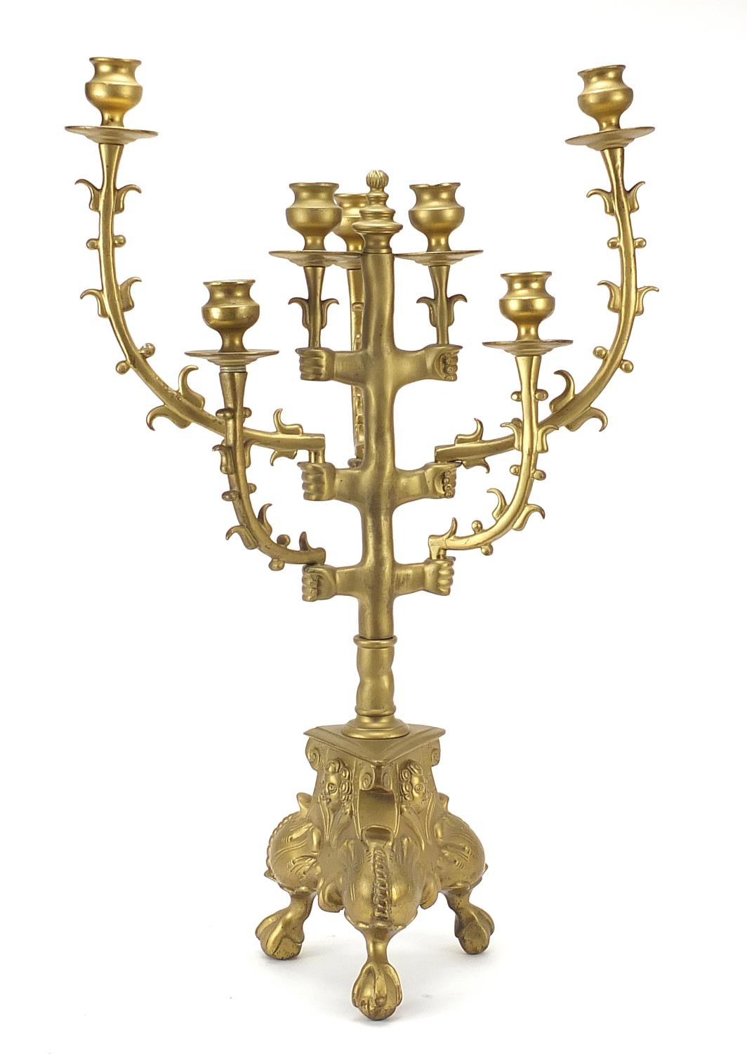 Scandinavian design gilt metal seven branch candelabra with claw and ball feet, 60.5cm high : For