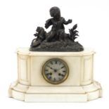 19th century French white marble mantle clock striking on a bell, surmounted with a bronzed figure