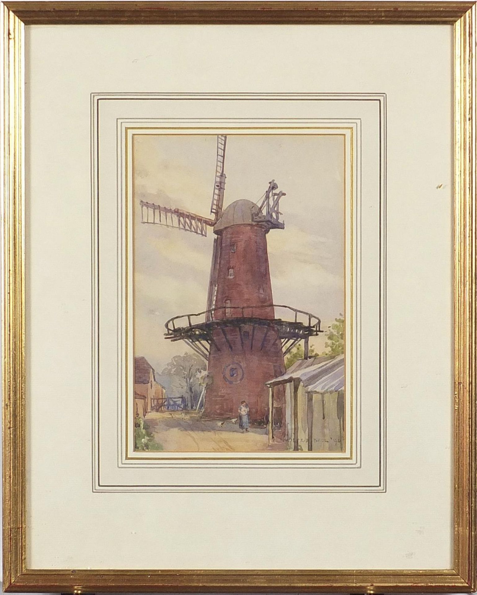 Wilfrid Ball - Figure before a windmill, watercolour, mounted, framed and glazed, 22cm x 15cm - Image 2 of 4