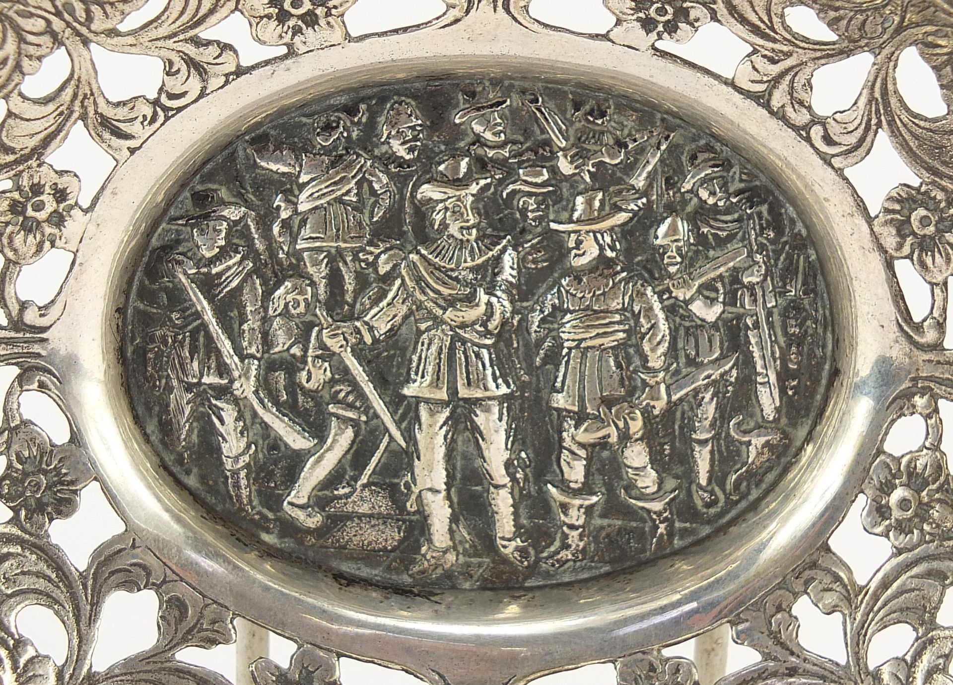 Continental oval pierced silver coloured metal twin handled bonbon dish embossed with cavaliers, - Image 4 of 10