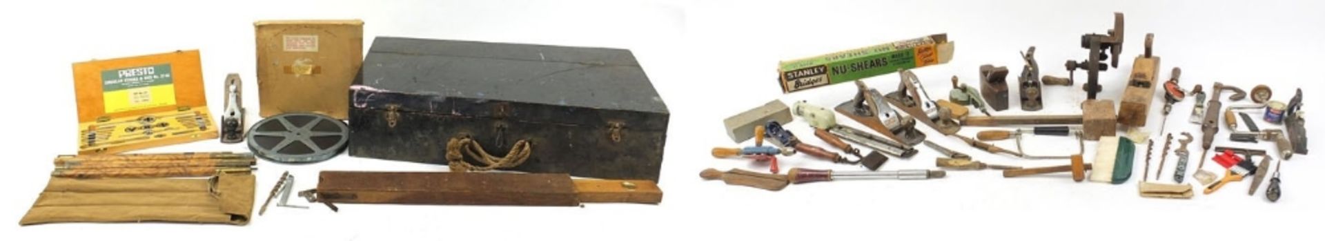 Antique and later tools and a pine tool chest : For Further Condition Reports Please Visit Our