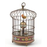 Brass and cloisonne clockwork automaton bird cage with alarm clock, 20cm high : For Further