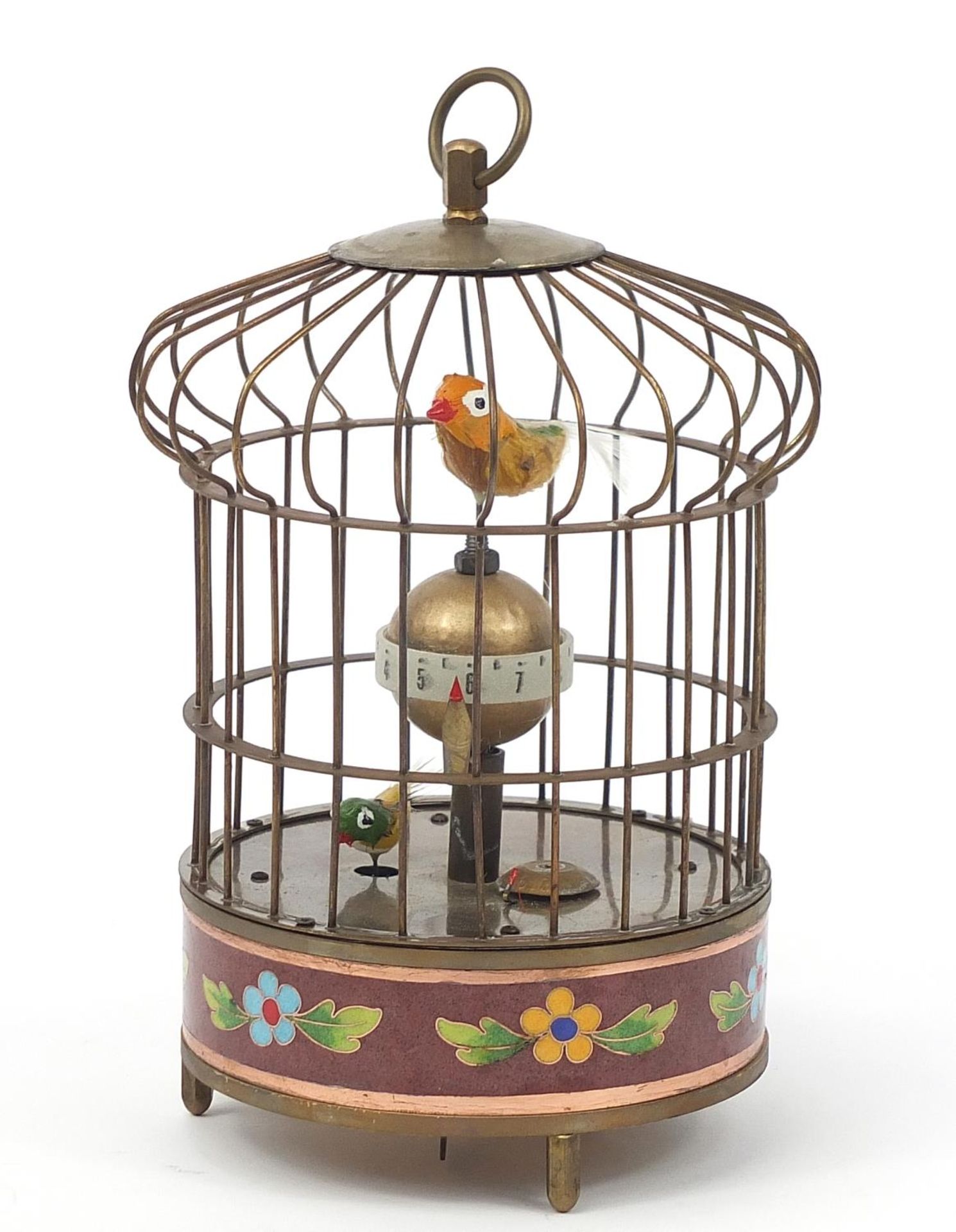 Brass and cloisonne clockwork automaton bird cage with alarm clock, 20cm high : For Further