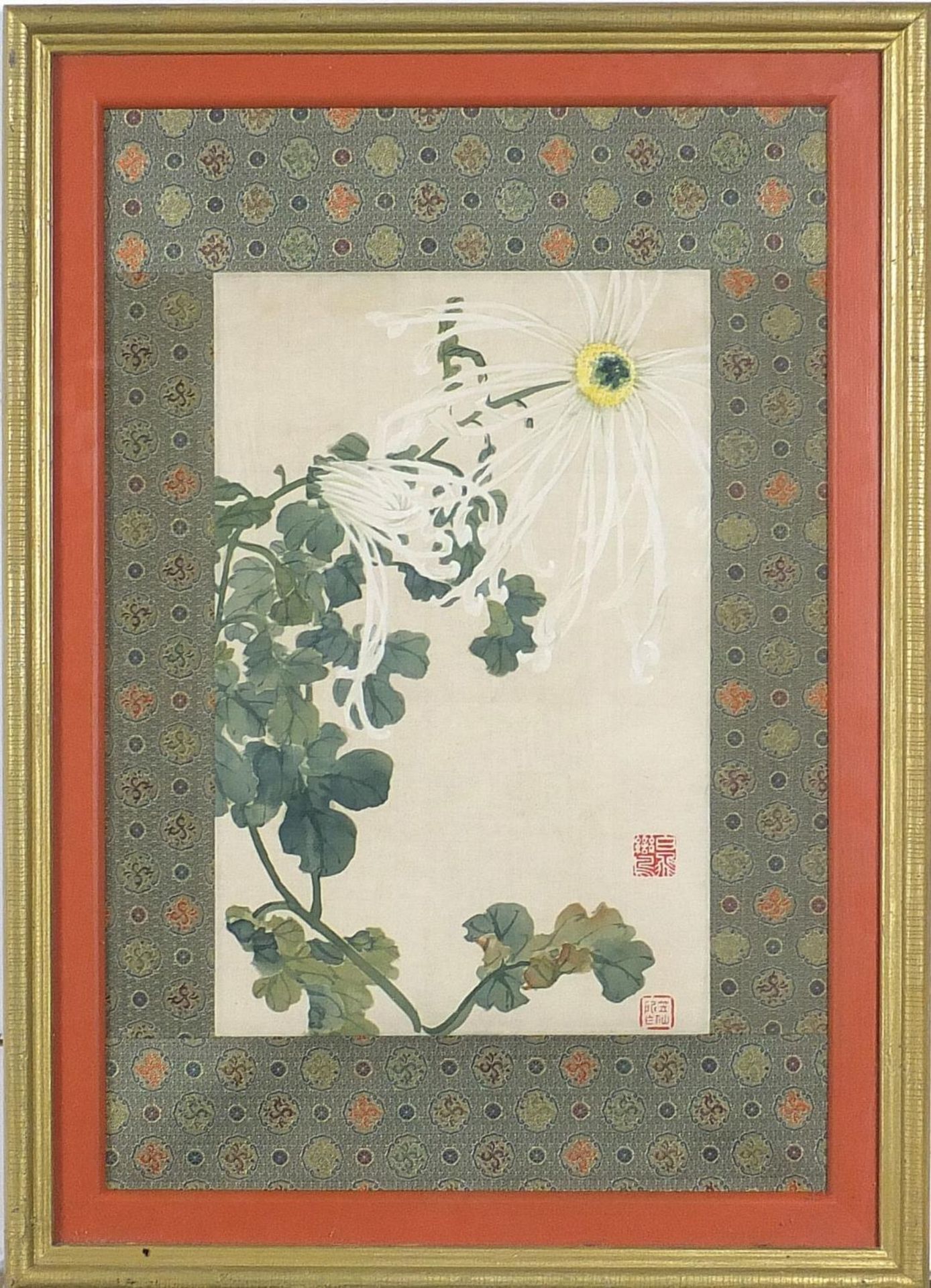 Leaves and flowers, set of three Chinese watercolours on silks, each with red seal marks, mounted, - Image 13 of 15