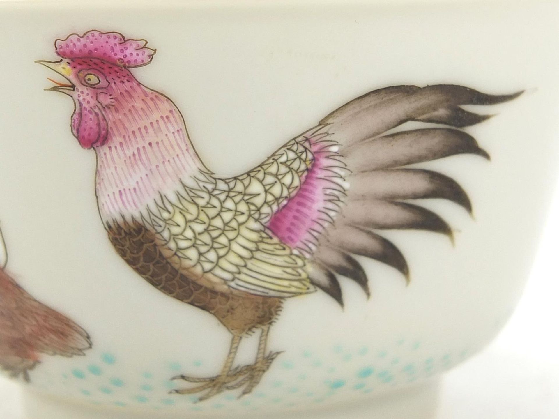 Chinese porcelain bowl finely hand painted in the famille rose palette with chickens and chicks, six - Image 3 of 11