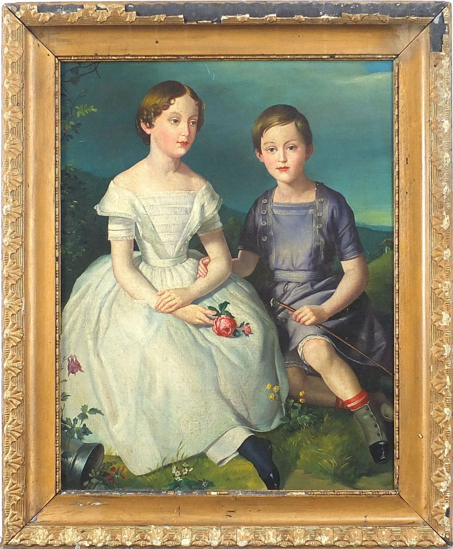 Full length portrait of two children, Georgian school oil on board, mounted and framed, 49.5cm x - Image 2 of 3