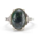 Unmarked white gold cabochon opal ring with diamond shoulders, size M/N, 4.2g : For Further