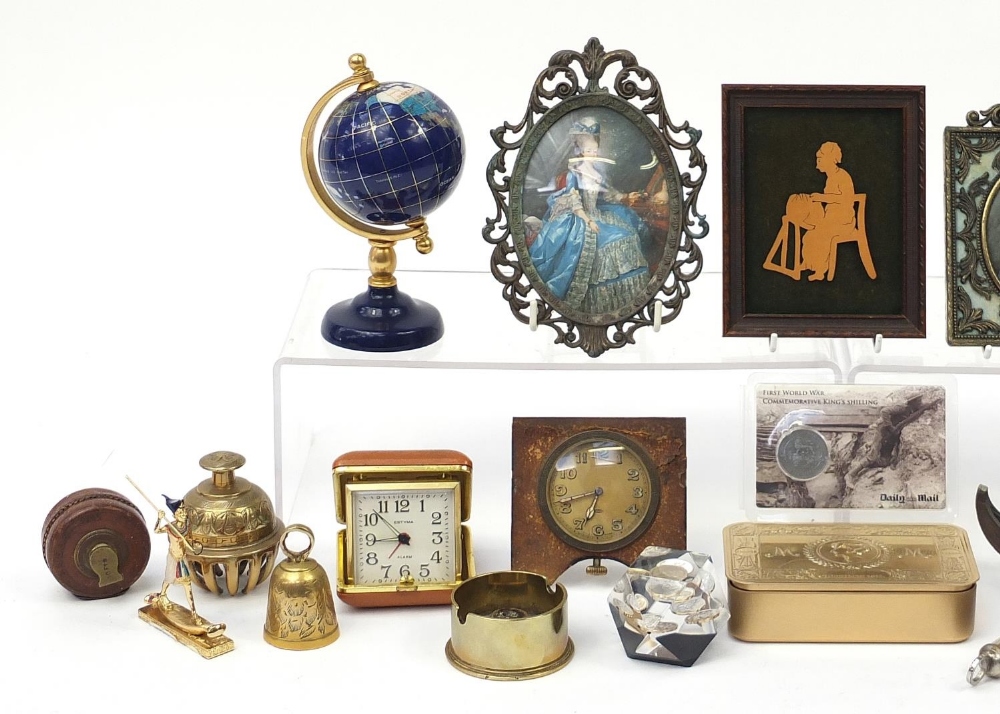 Sundry items including a silhouette of a female, portrait miniatures, specimen desk globe, clocks - Image 2 of 5