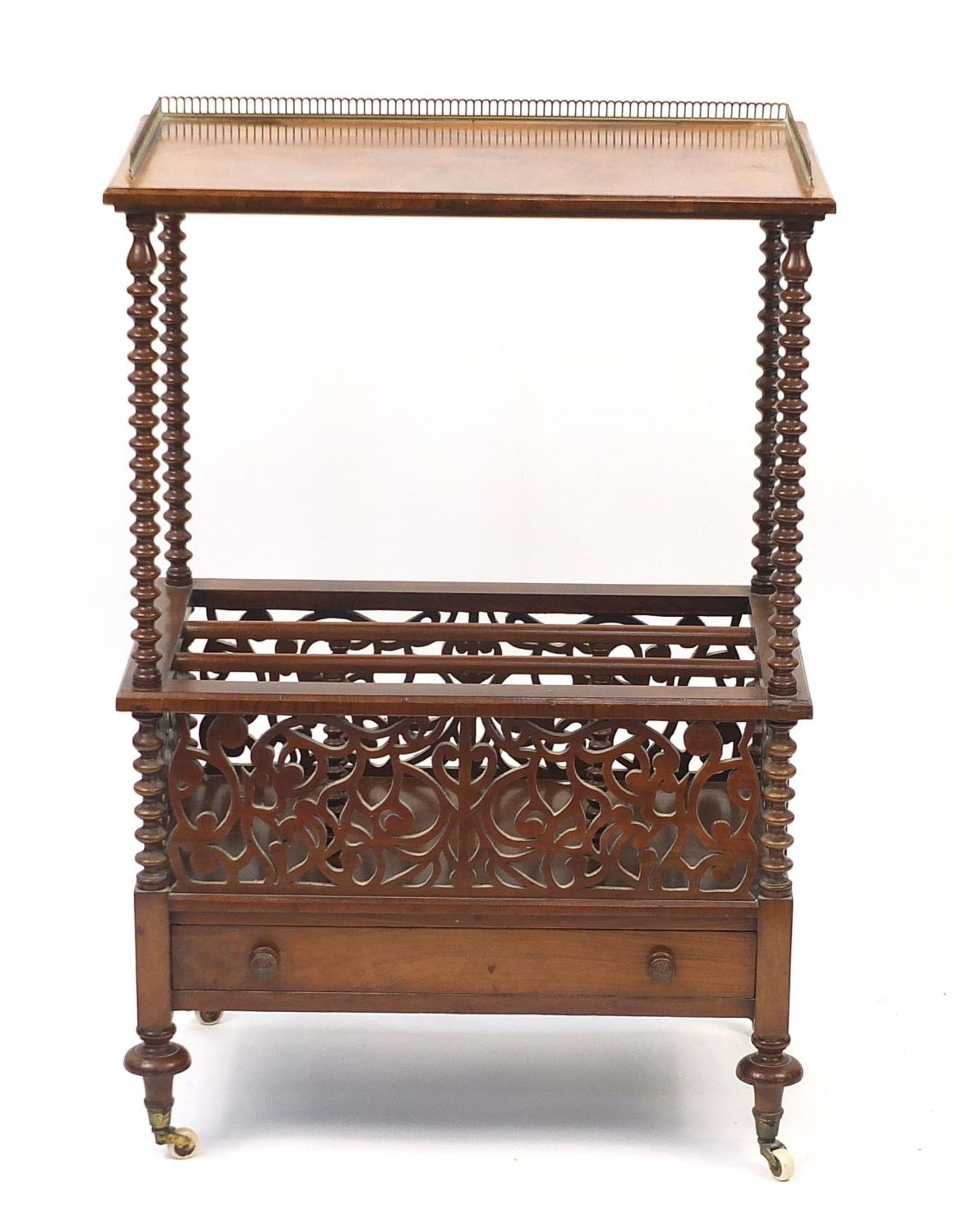 Victorian burr walnut Canterbury with brass gallery and drawer to the base, 100cm H x 67cm W x - Image 2 of 5