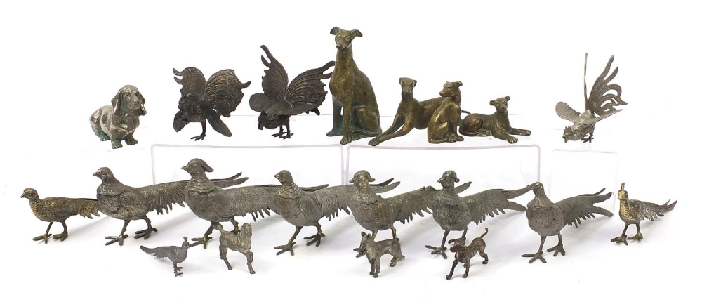 Collection of silver plated and bronzed birds and dogs, the largest 26cm in length : For Further
