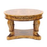 Italian design circular inlaid walnut effect table with under tier and paw feet, 56cm high x 92cm in