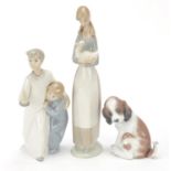 Three Nao and Lladro figures and animals including a seated dog, the largest 28cm high : For Further