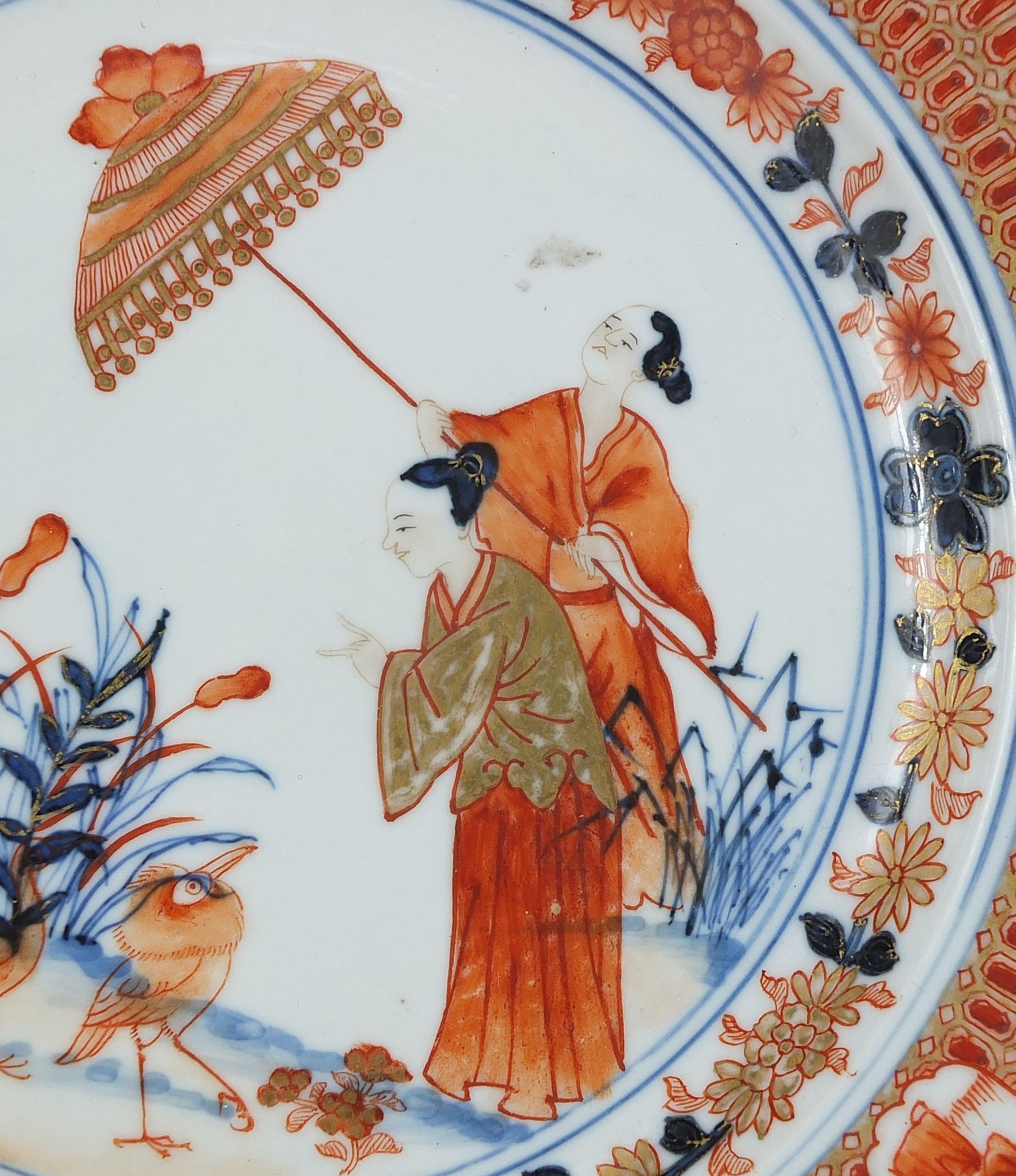 Chinese porcelain plate hand painted in the Imari pattern with two figures and cranes, 23cm in - Image 3 of 4