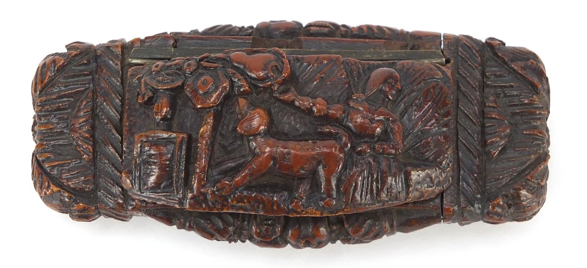 Antique coquilla nut snuff box carved with figure and dog beside a tree and an Irish rose, 10cm wide - Image 12 of 14