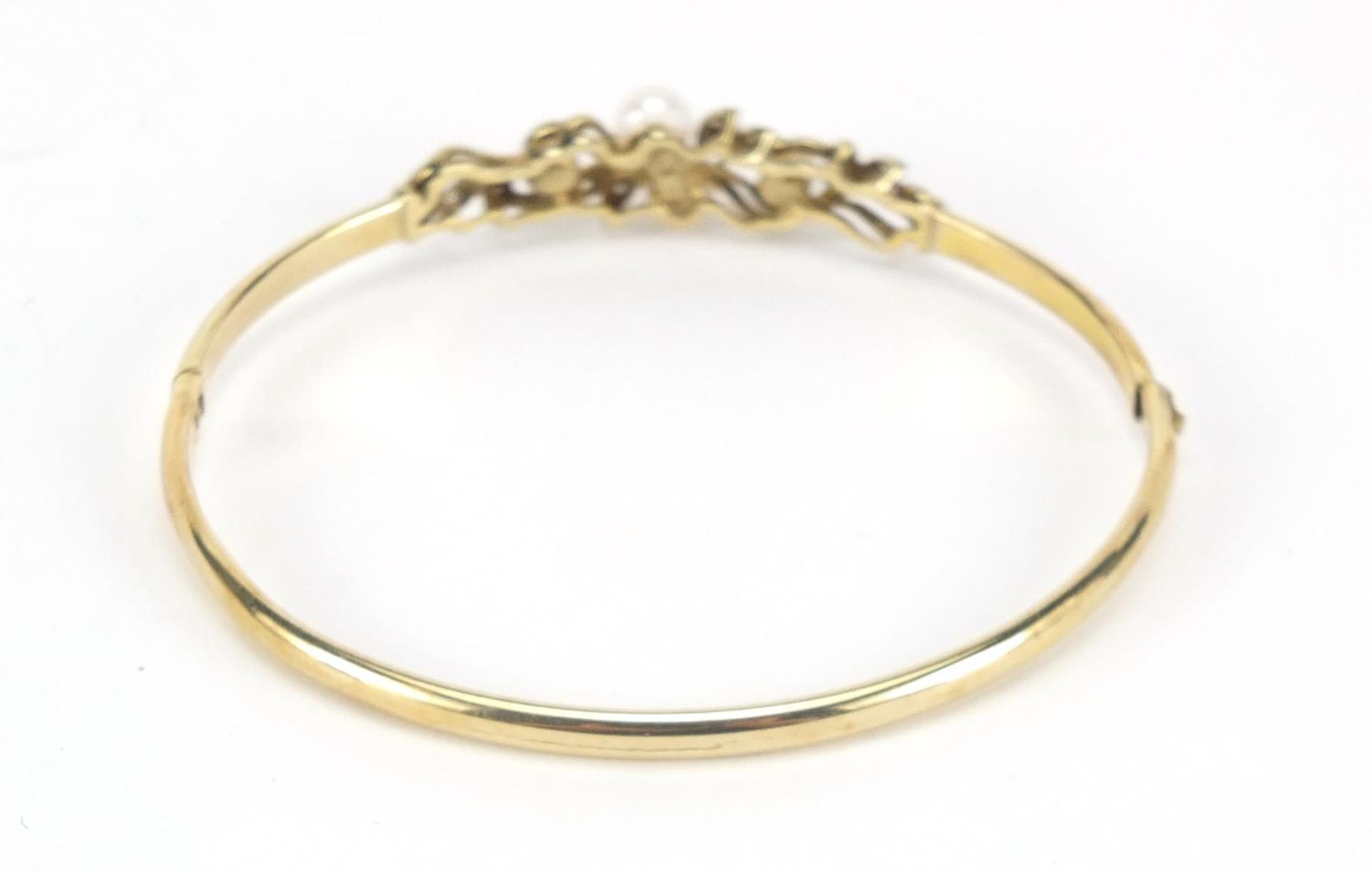 9ct gold pearl and diamond hinged bangle, 6.5cm wide, 7.0g : For Further Condition Reports Please - Image 3 of 5