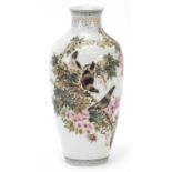 Chinese porcelain vase hand painted with birds amongst flowers and calligraphy, iron red character