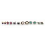 Six pairs of 9ct gold stud earrings including ruby & diamond, opal & sapphire and amethyst, the