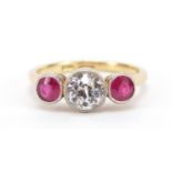 18ct gold and platinum ruby and clear stone ring, tests as diamond or white sapphire, size L, 2.9g :