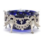 Joseph Wilmore, Victorian silver sweetmeat dish with blue glass liner, Birmingham 1840, 10.5cm in
