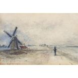 Figure beside a windmill, Deal, 19th century watercolour, mounted, framed and glazed, 13cm x 8.5cm