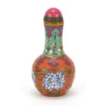 Chinese glass snuff bottle with hardstone stopper hand painted with flowers, 9cm high : For