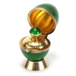 Penhaligons, sterling silver gilt and guilloche enamel egg shaped scent bottle with stand, 5.5cm