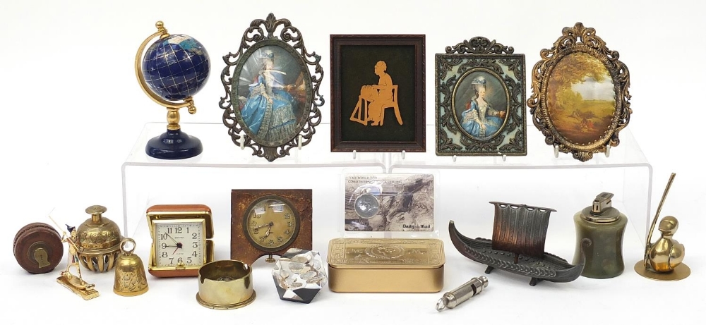Sundry items including a silhouette of a female, portrait miniatures, specimen desk globe, clocks