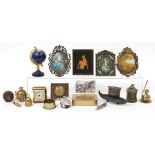 Sundry items including a silhouette of a female, portrait miniatures, specimen desk globe, clocks