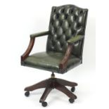 Mahogany framed captain's chair with green leather button back upholstery, 110cm high : For