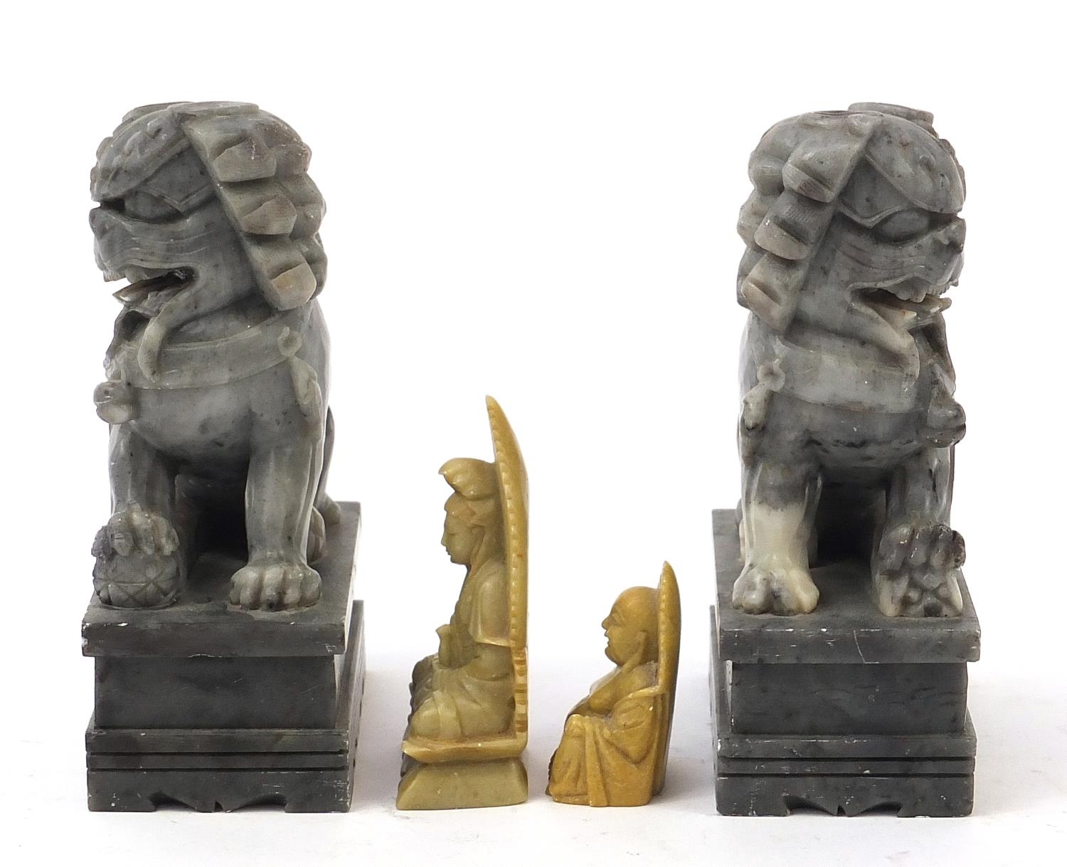 Chinese stone carvings including a pair of Foo dogs and a Buddha, the largest each 18cm high : For - Image 4 of 8