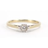 9ct gold diamond solitaire ring, the diamond approximately 3.0mm in diameter, size M, 1.4g : For