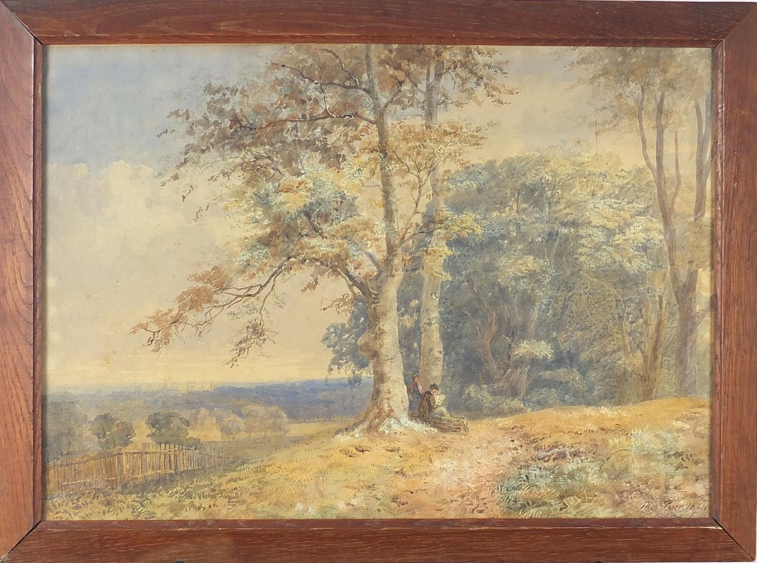Thomas Pyne - Figures beneath trees before a landscape, 19th century watercolour, framed and glazed, - Image 2 of 4