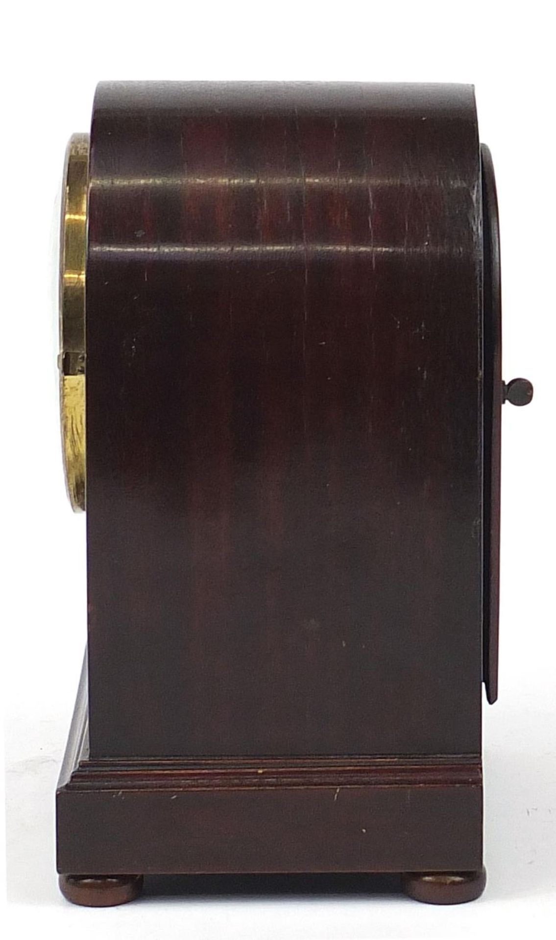 Edwardian inlaid mahogany and amboyna dome top mantle clock striking on a gong, 26cm high : For - Image 5 of 10