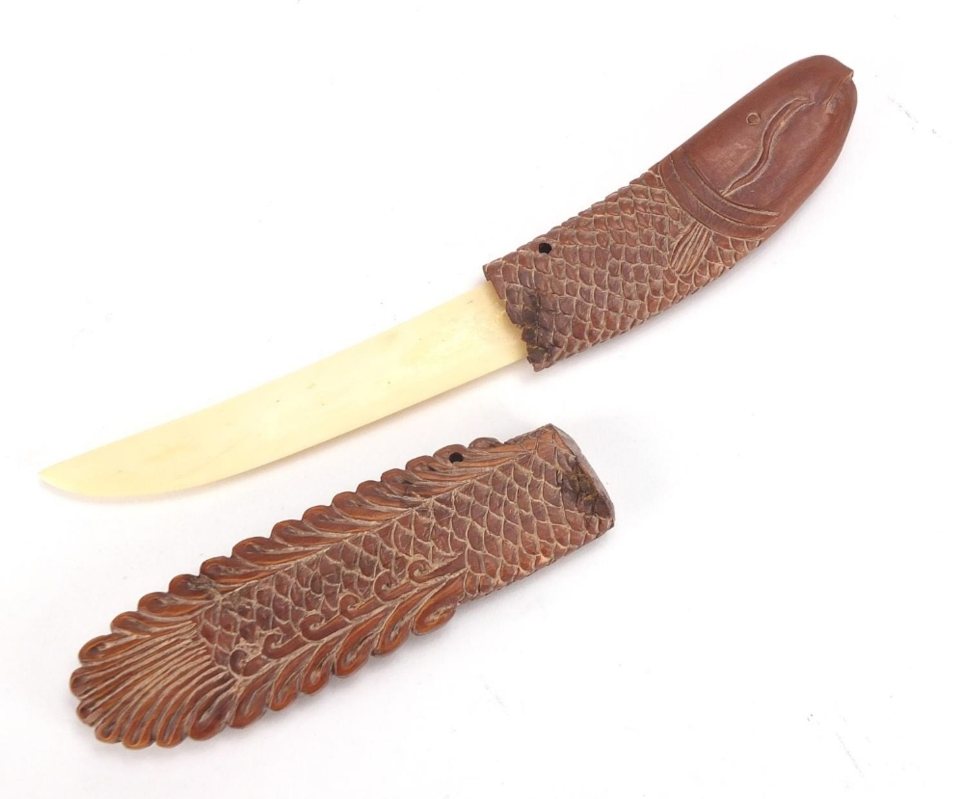 Scrimshaw style carved wood fish design knife with bone blade, 18cm in length : For Further