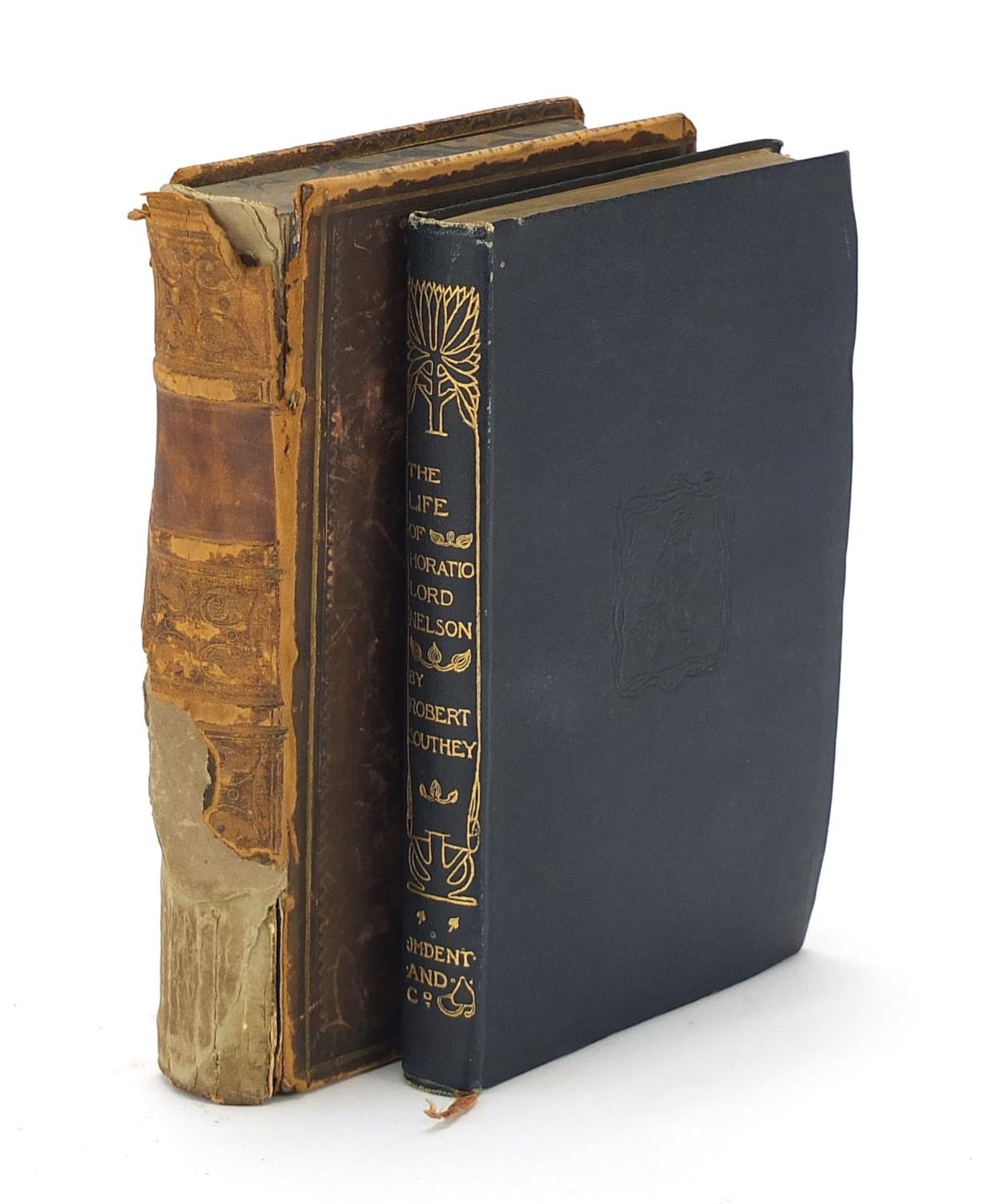 Two antique hardback books relating to Nelson by Robert Southey comprising The Life of Horatio