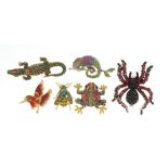 Seven jewelled and enamel animal and insect brooches including chameleon, hummingbird, crocodile and